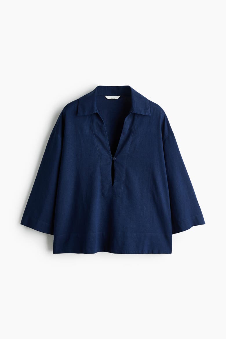Linen-blend Popover Shirt, Alternate, color, Dark blue