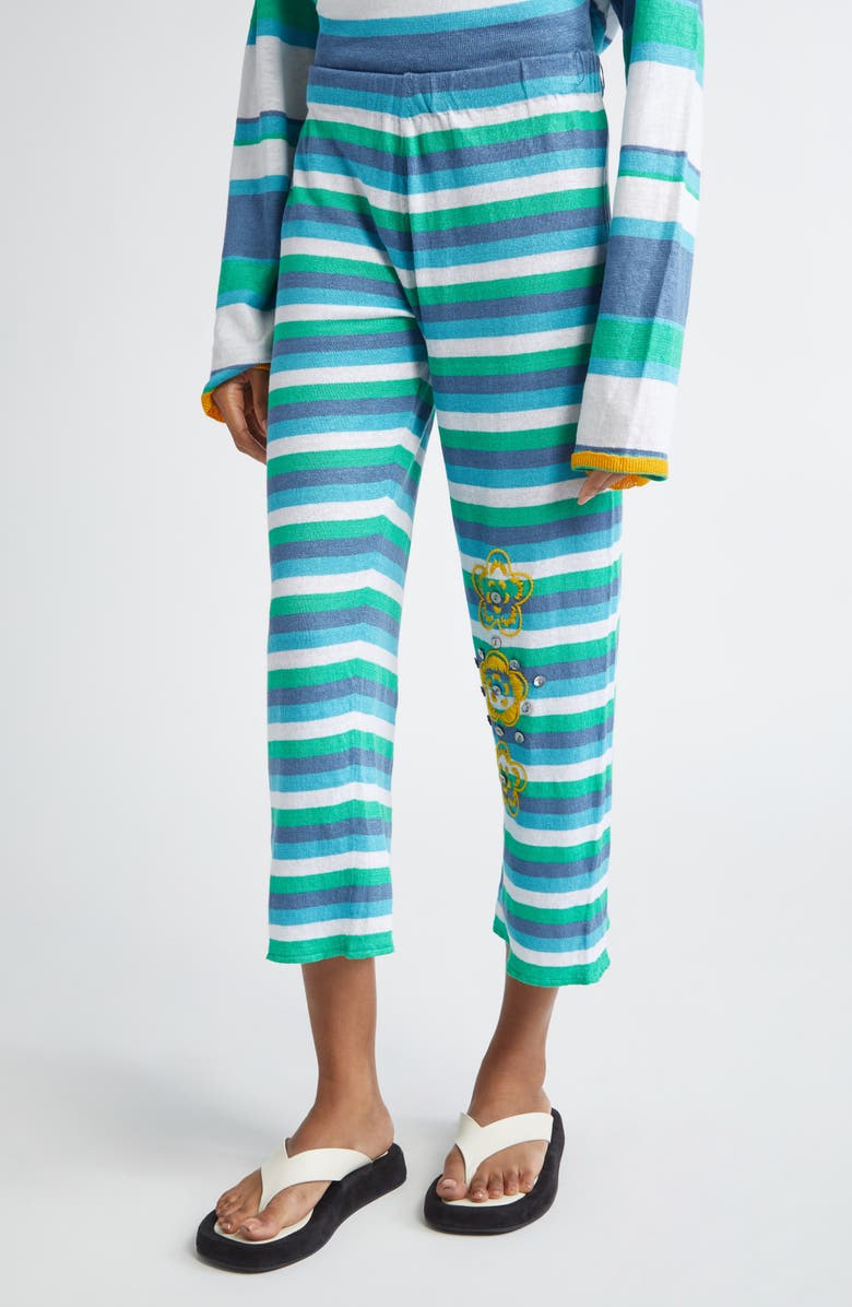 YanYan Embroidered Stripe Crop Linen Pants with Removable Wrap Panel, Alternate, color, Denim/ Peppermint/ White Multi