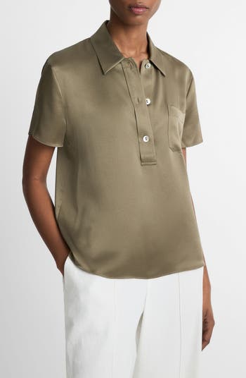 ヴィンス Vince Silk Blend Polo レディース Sweaters Mist Grey Vince Women's Silk Short-Sleeve Polo Shirt | $365.00 | Saint