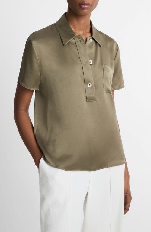Vince Silk Charmeuse Short-sleeve Polo Shirt In Moss Smoke