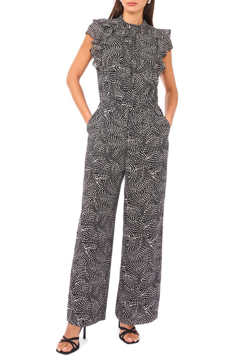 1.STATE Mock Neck Flutter Sleeve Chiffon Jumpsuit, Main, color, Rich Black