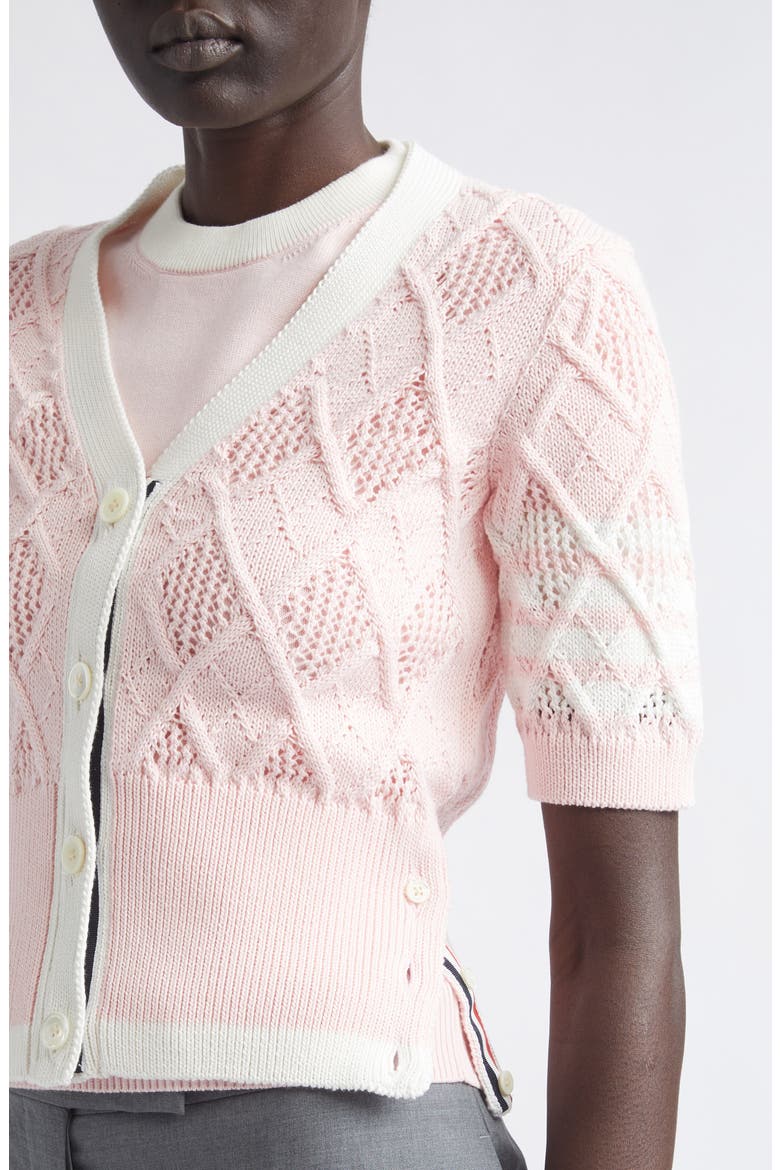 4-Bar Argyle Pointelle Stitch Short Sleeve Cardigan, Alternate, color, LIGHT PINK