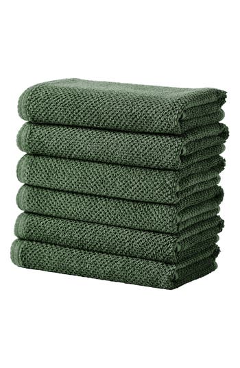 Woven & Weft Set Of 6 Textured Hand Towels In Forest Green