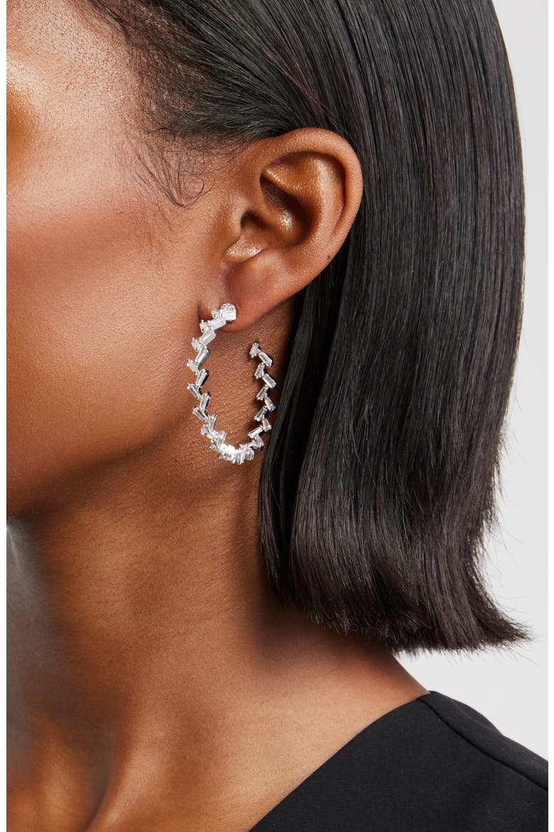Cubic Zirconia Baguette Hoop Earrings, Alternate, color, CLEAR- SILVER