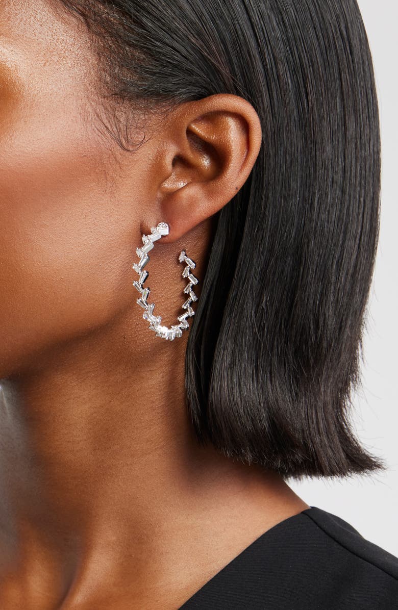 Nordstrom Cubic Zirconia Baguette Hoop Earrings, Alternate, color, Clear- Silver