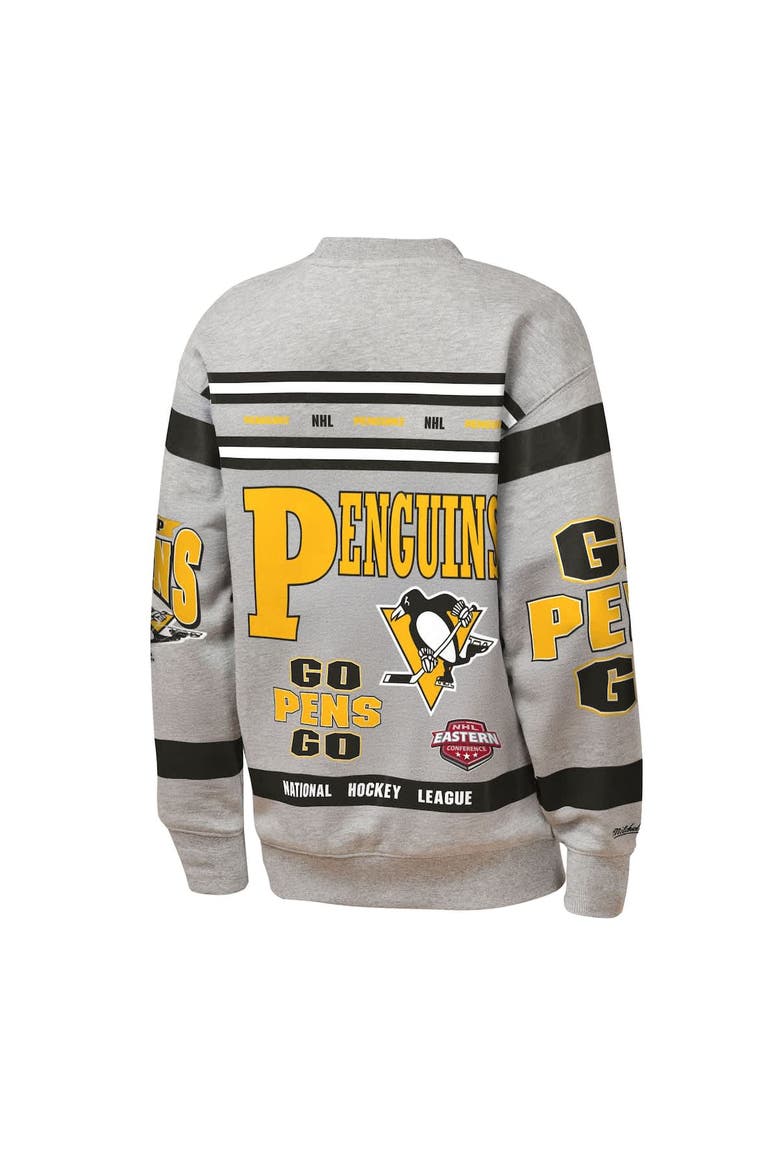 Youth Mitchell & Ness Heather Gray Pittsburgh Penguins Allover Print Fleece Crewneck Sweatshirt, Alternate, color, Heather Gray