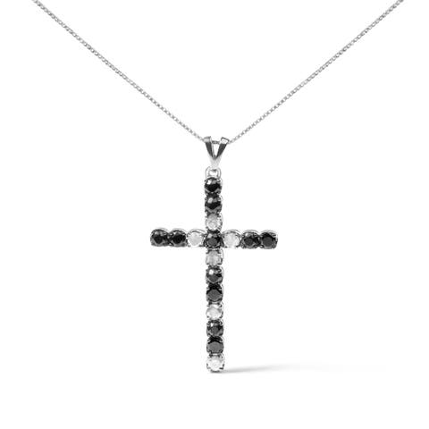 Silver 2.0 Cttw Round Treated Black and White Diamond Cross Pendant Necklace