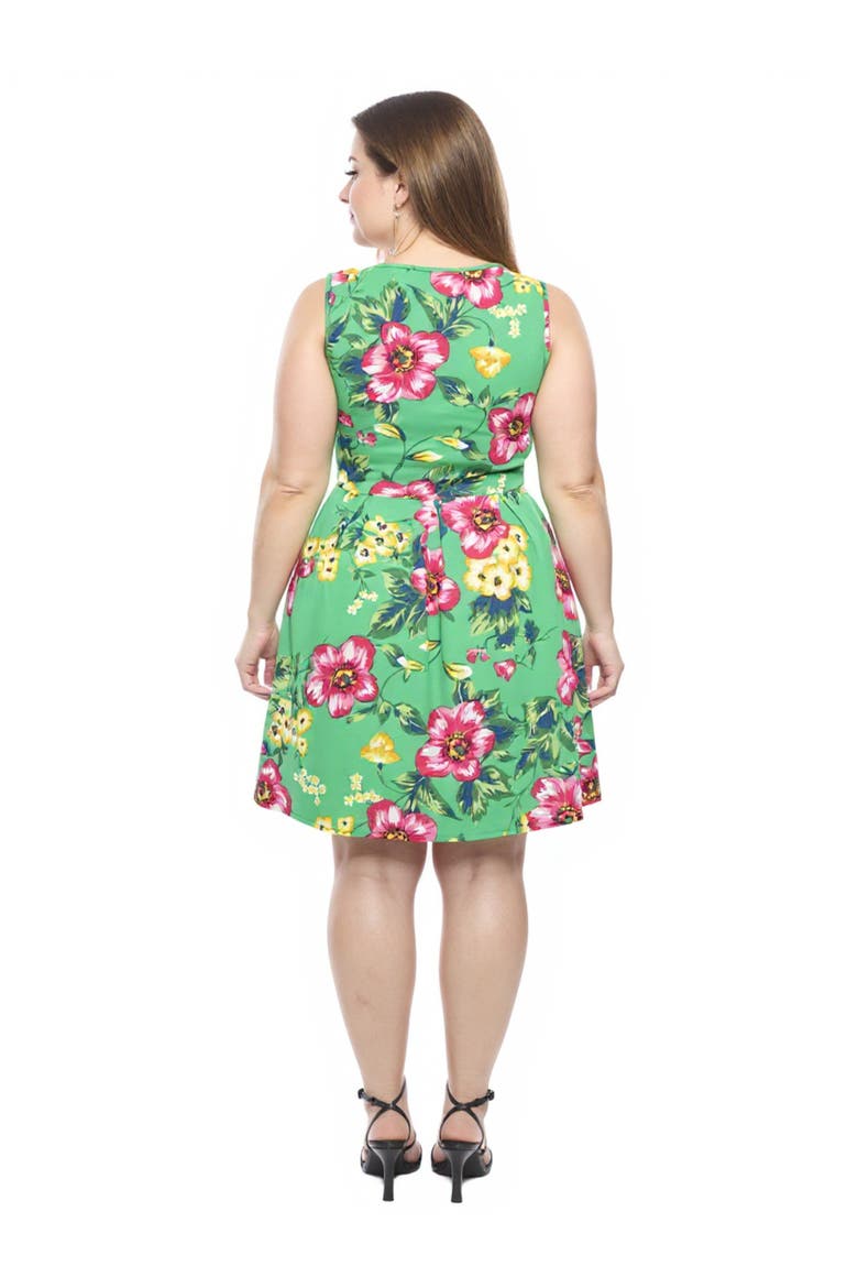 Plus Size Floral Sleeveless Pleated Pocket Skater Dress, Alternate, color, Green Multi