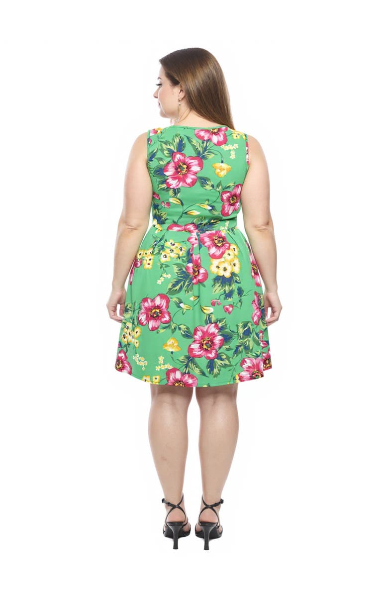 24seven Comfort Apparel Plus Size Floral Sleeveless Pleated Pocket Skater Dress, Alternate, color, Green Multi