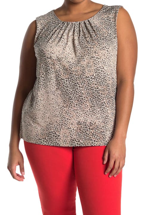 Pleated Neck Leopard Printed Tank (Plus Size)