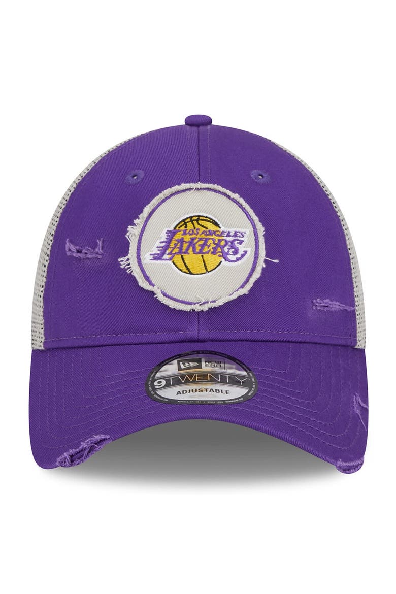 Men's New Era Purple Los Angeles Lakers  Rally Drive Distressed Patch 9TWENTY Trucker Adjustable Hat, Alternate, color, Purple