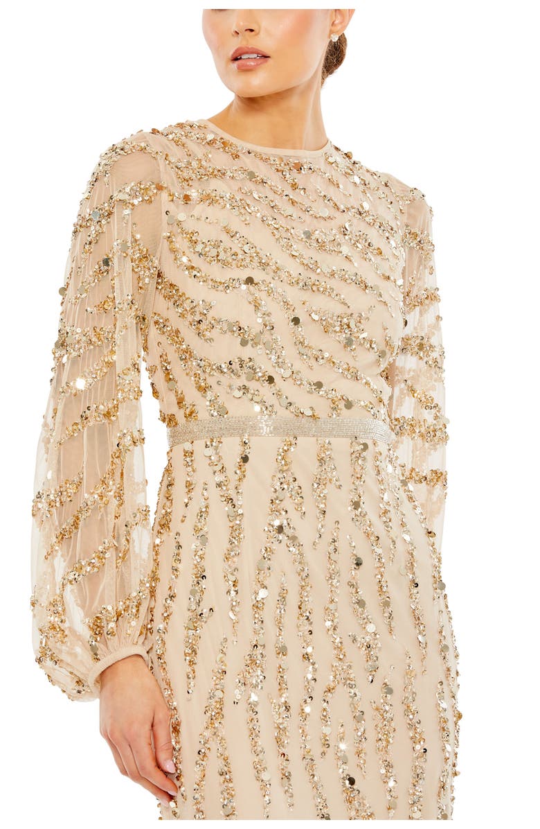 Mac Duggal Embellished High Neck Puff Sleeve Trumpet Gown, Alternate, color, Nude Gold