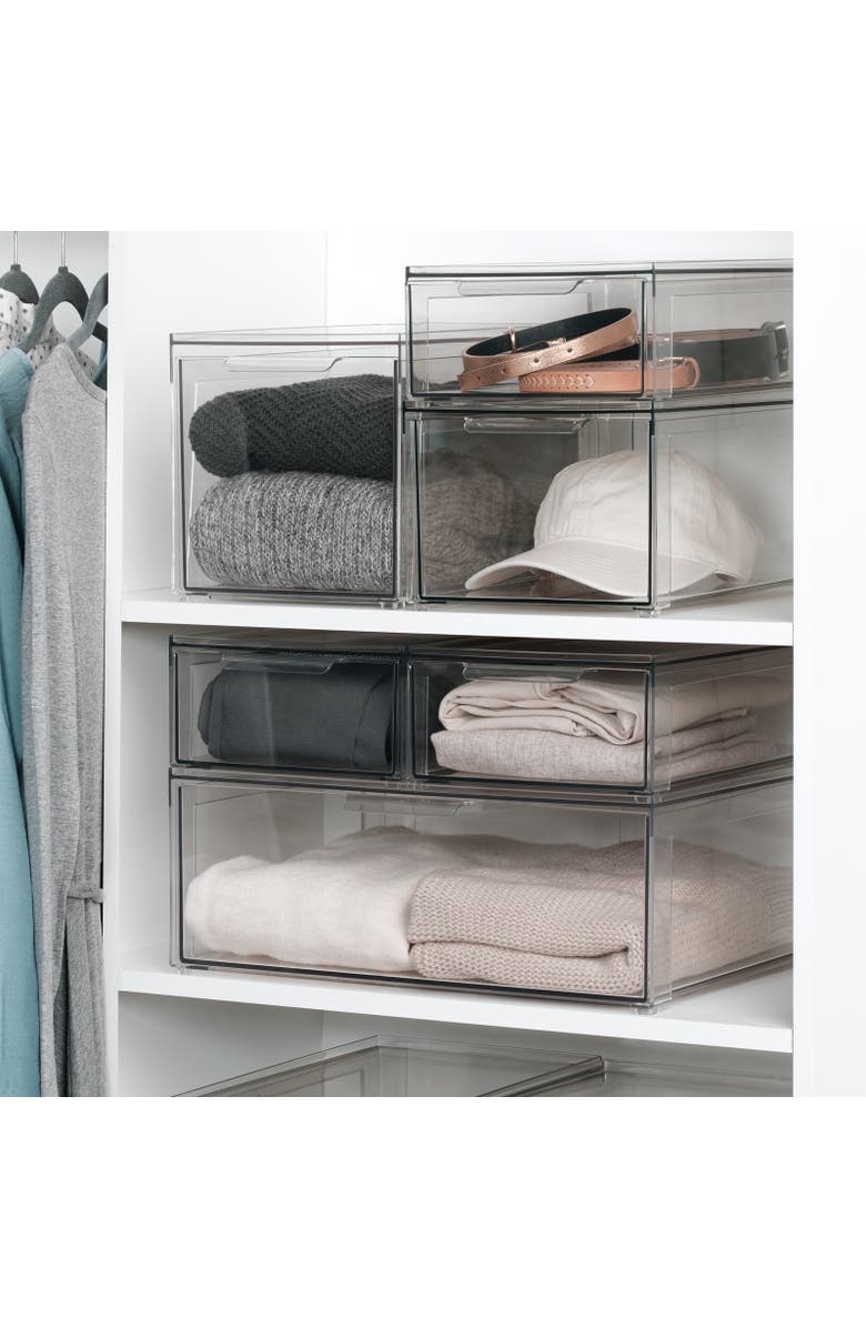 mDesign Plastic Stacking Closet Storage Organizer Bin with Drawer, 4 Pack, Clear, Alternate, color, Clear