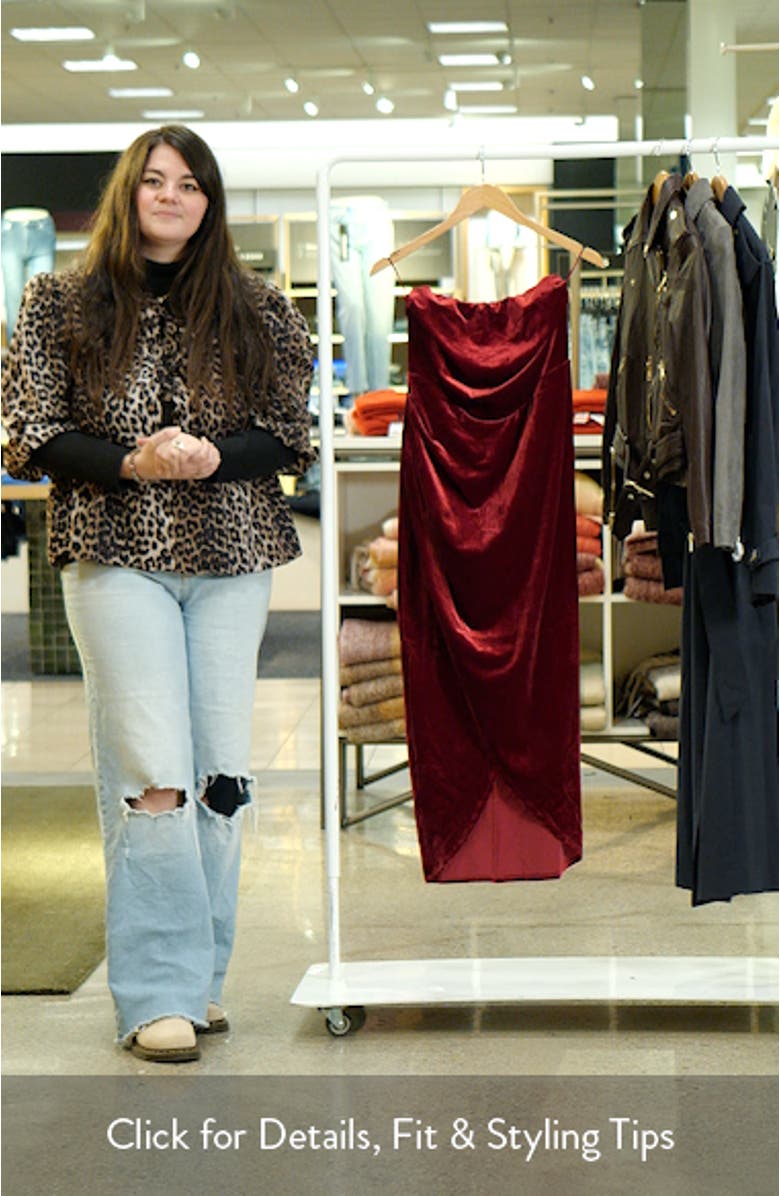 Meghan Ruched Strapless Velvet Midi Dress, sales video thumbnail