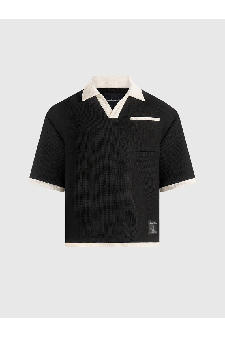 Brice Boxy Crochet Detail Polo Shirt, Main, color, Black