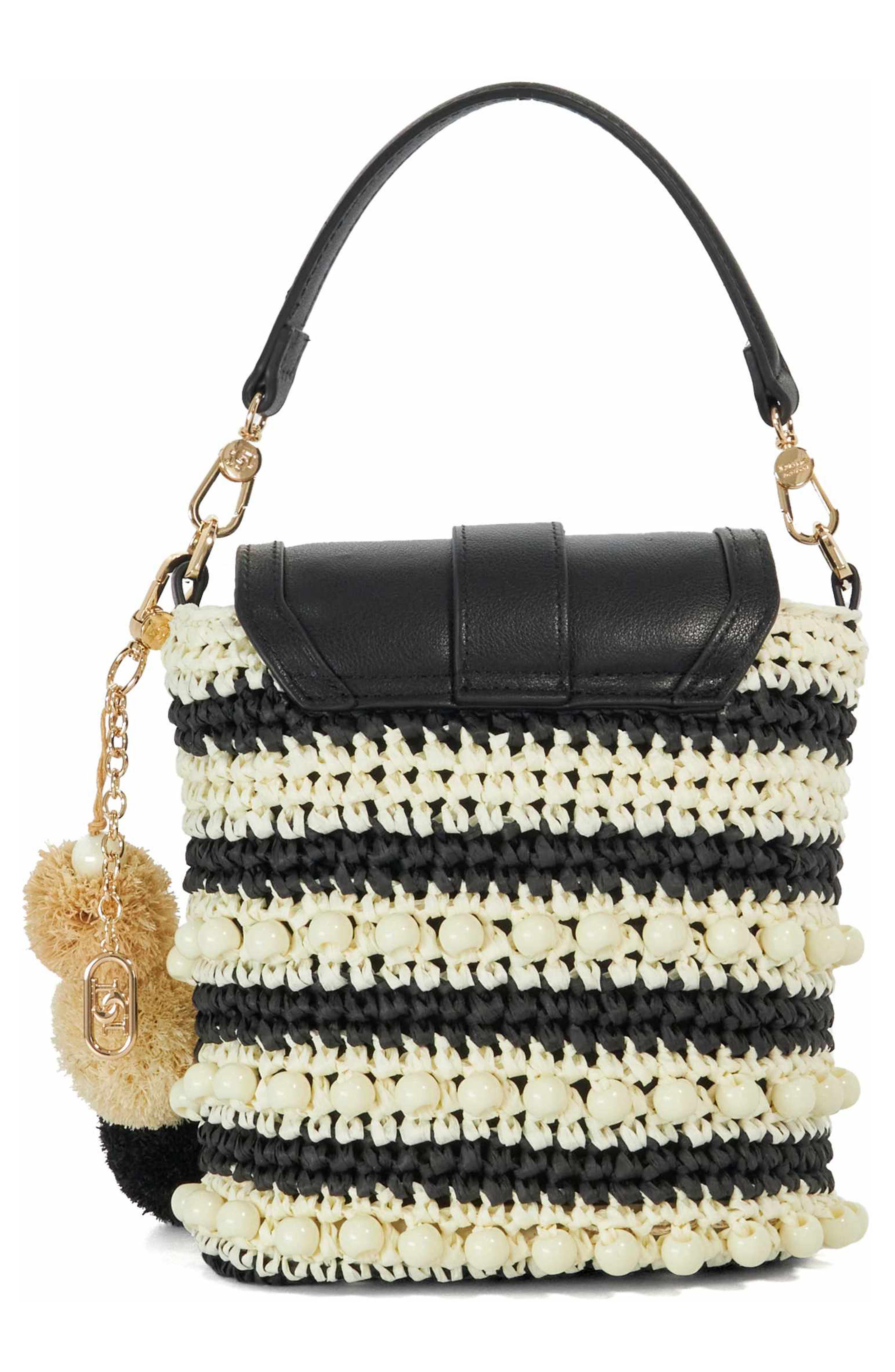 Dune London Dimple Raffia Handbag, Alternate, color, Black/ White