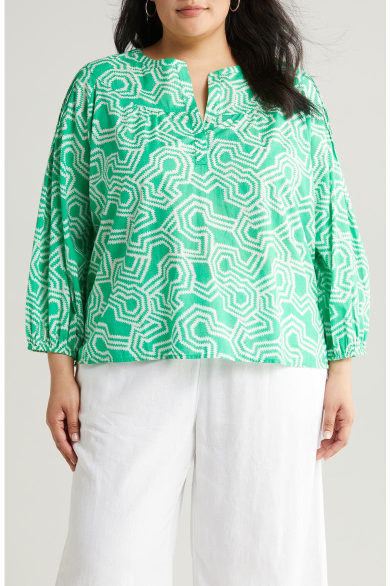 Print Split Neck Cotton Popover Top, Alternate, color, GREEN BRIGHT- IVORY LADDER GEO