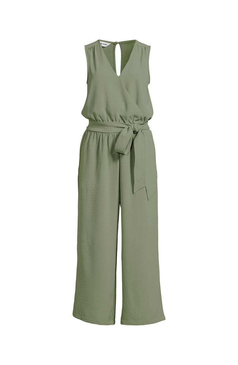 Lands' End Sleeveless Creaseless Wrap Jumpsuit with Smocked Waist, Alternate, color, Sage