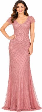 LARA New York Beaded Cap Sleeve Gown With V-Neckline