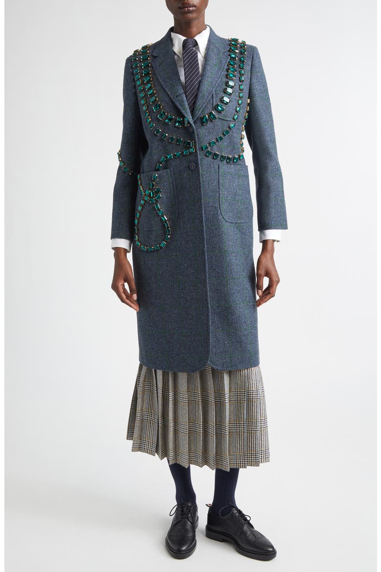 Windowpane Hunting Tweed Trompe L'Oiel Swarovski Crystal Long Jacket, Alternate, color, DEEP BLUE