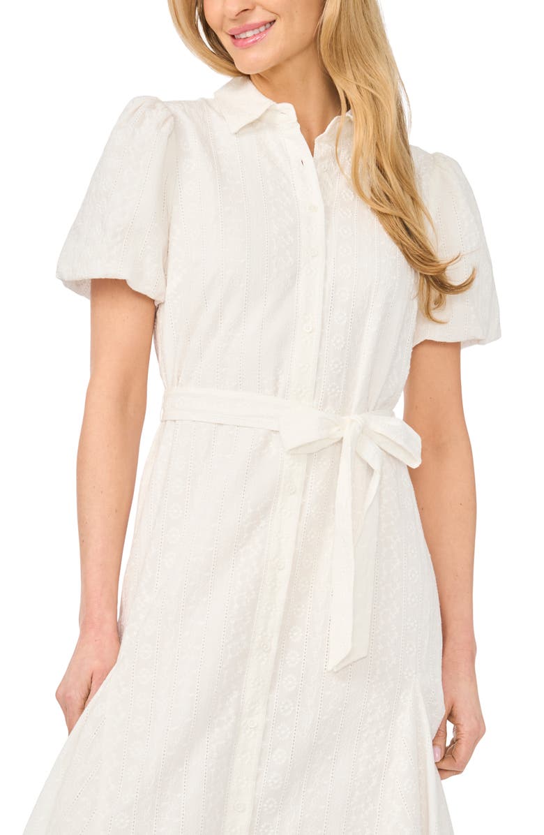CeCe Embroidered Puff Sleeve Cotton Button-Up Shirtdress, Alternate, color,