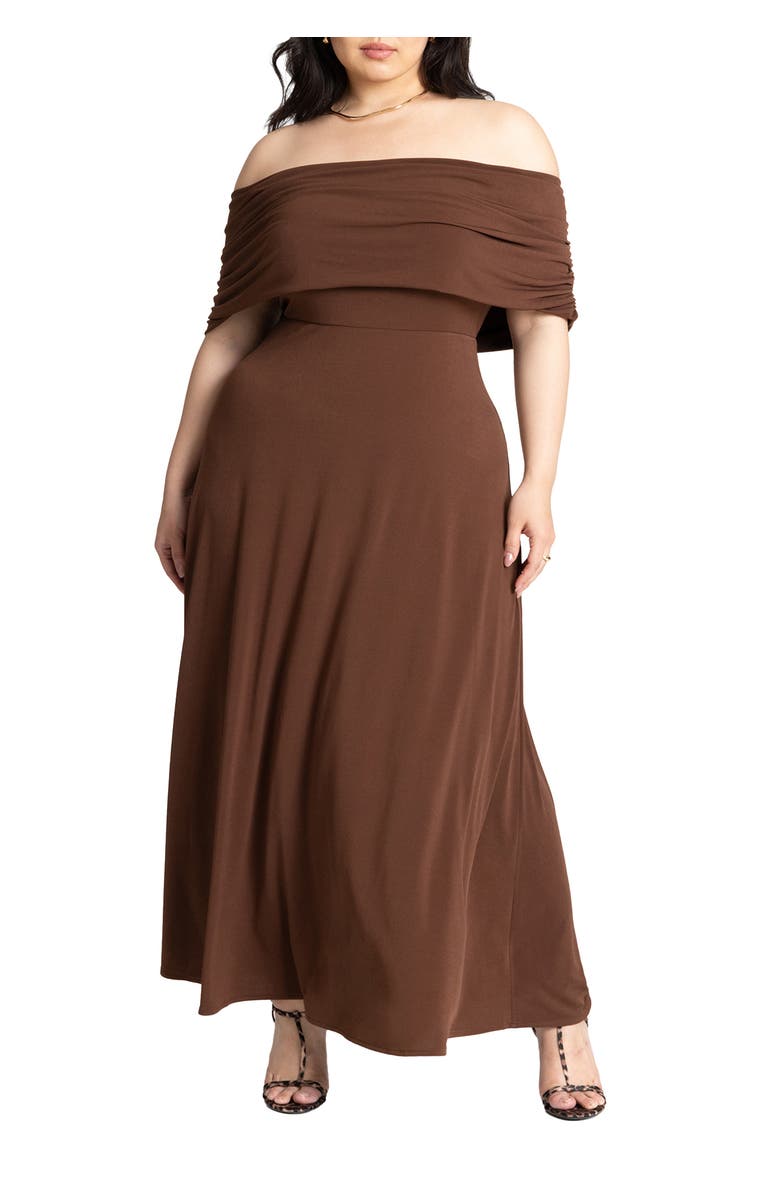ELOQUII Off The Shoulder Maxi Dress, Main, color, Potting Soil