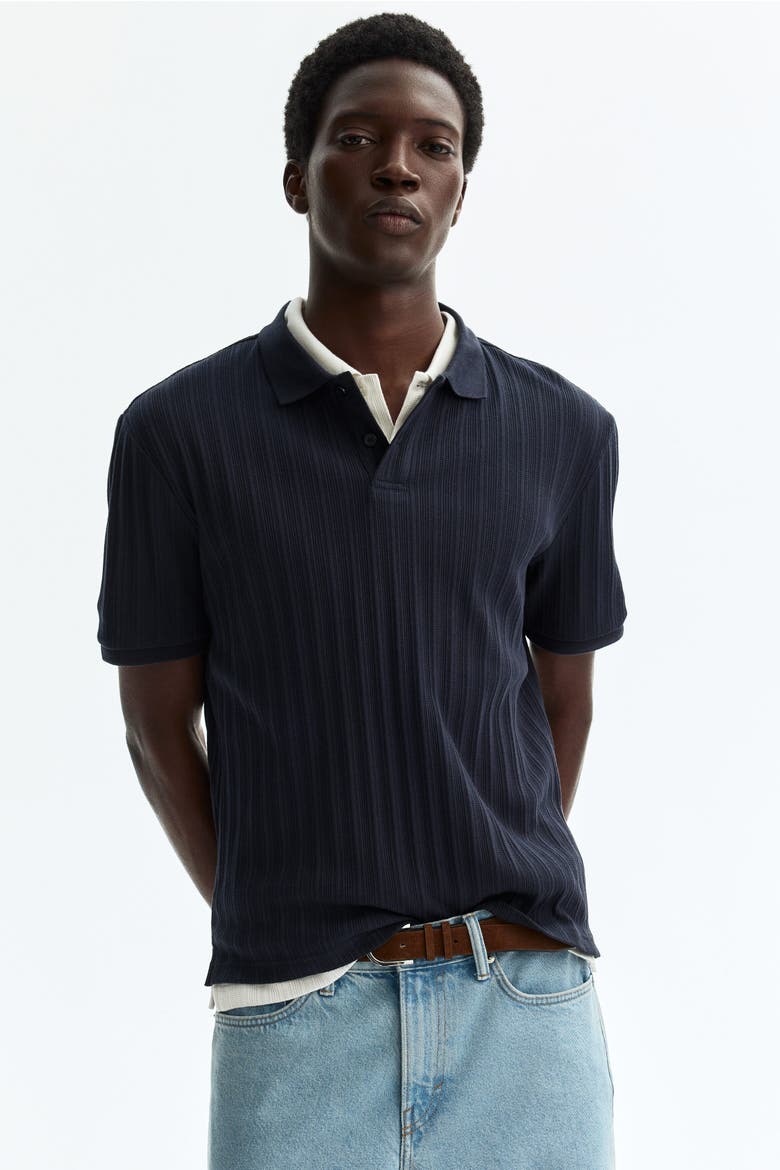 Slim-fit Textured Jersey Polo Shirt, Main, color, Navy blue