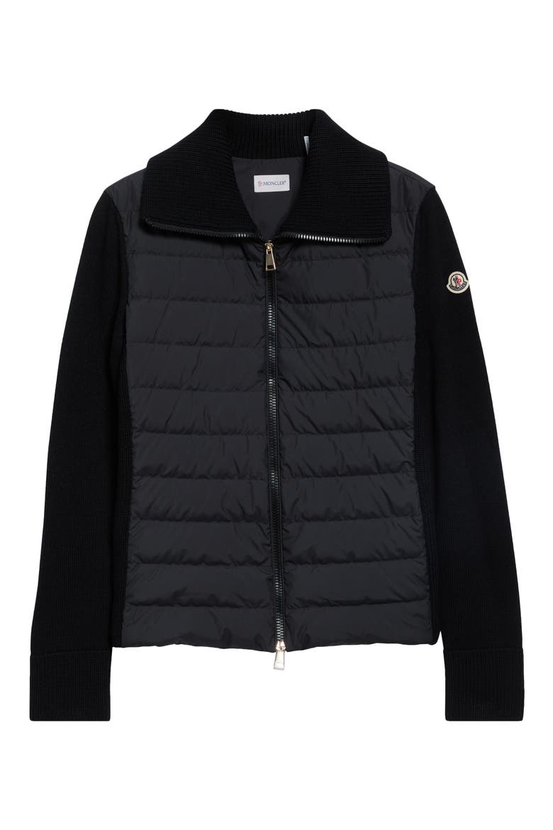 Mixed Media Quilted Zip Puffer Cardigan, Main, color, BLACK