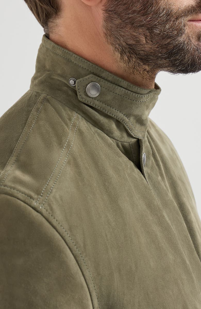 Brunello Cucinelli Suede outerwear jacket with Thermore<sup>®</sup> padding and standing collar, Alternate, color, Military