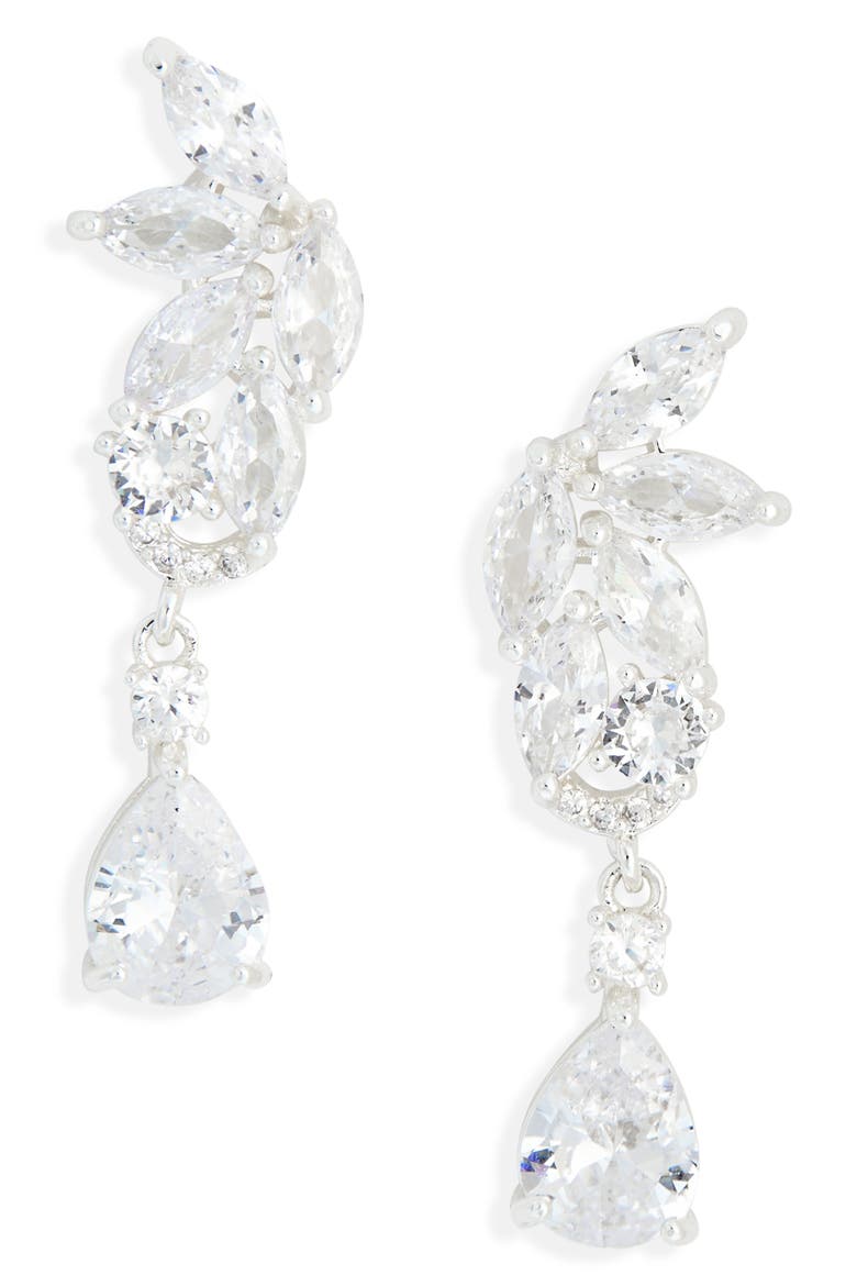 Mixed Cut Cubic Zirconia Drop Earrings, Main, color, CLEAR- SILVER