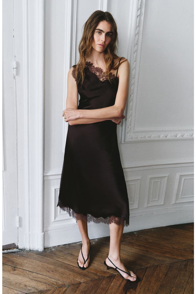 Lace Trim One-Shoulder Satin Slipdress, Alternate, color, CHOCOLATE