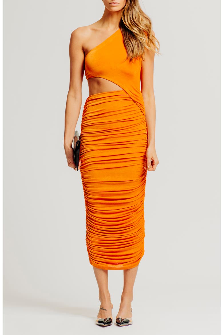 Lorraine One Shoulder Midi Dress, Main, color, TANGERINE