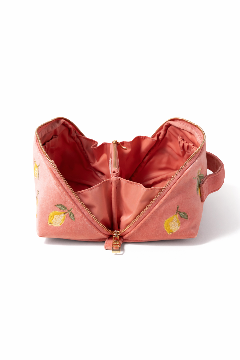 Lemon Blossom Open Flat Velvet Makeup Bag, Alternate, color, Coral