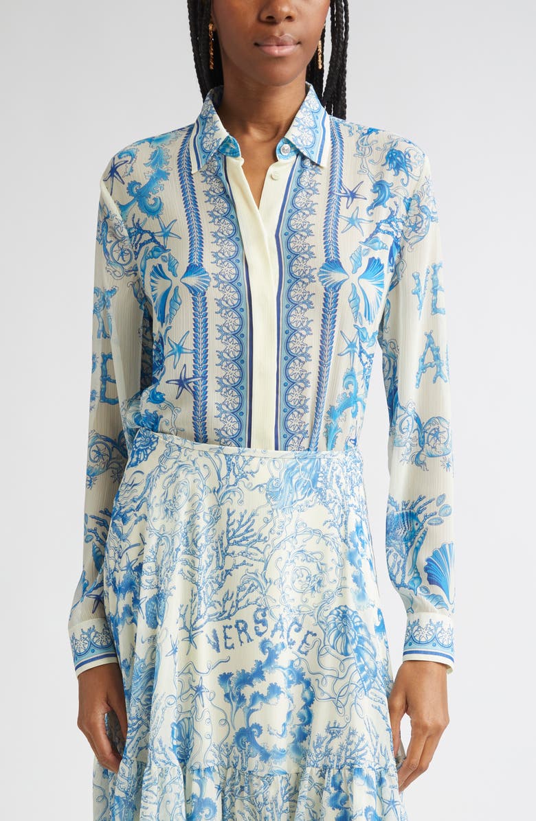 Versace Underwater Barocco Techno Crepon Button-Up Shirt, Main, color, Eggshell Bright Dv Blue