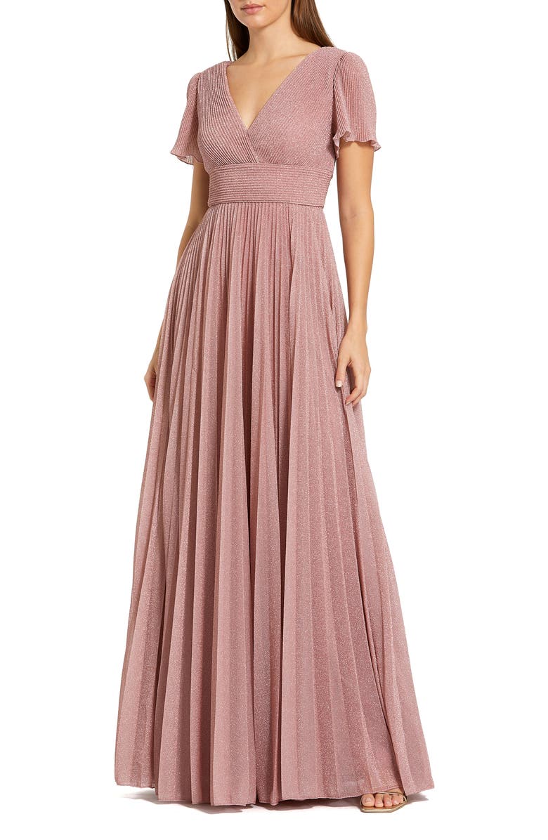 Mac Duggal Women’s Pleated Metallic Flutter Sleeve V-Neck A-Line Gown, Main, color, Dusty Rose