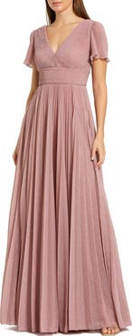Mac Duggal Pleated Metallic Flutter Sleeve A Line Gown