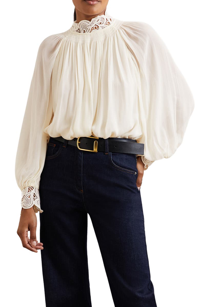 Reiss Czara Lace Accent Smocked Yoke Top, Alternate, color, Cream