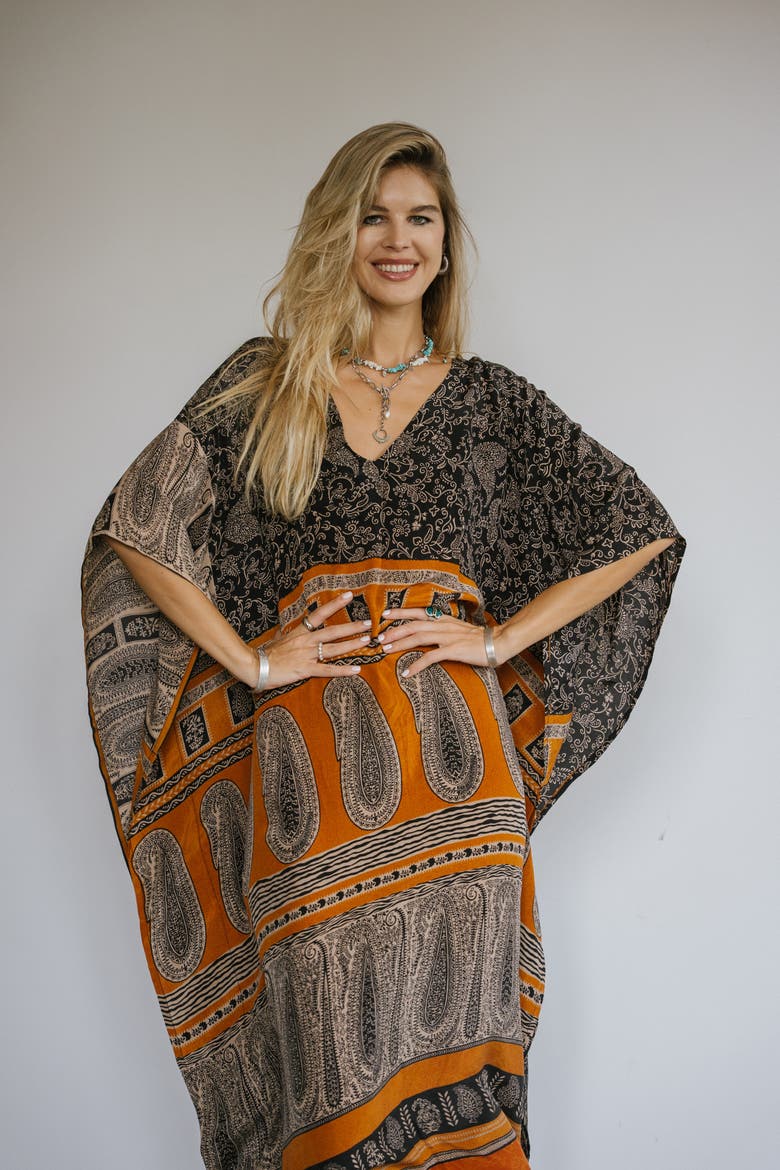 Long Caftan Sylvia, Alternate, color, Black & Orange