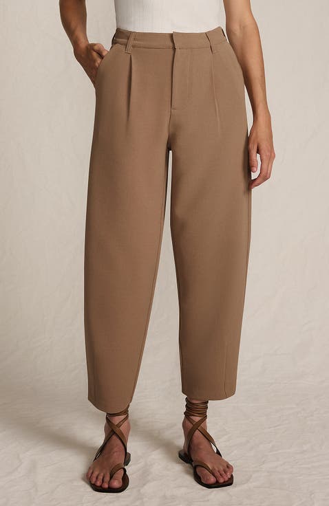 Crepe High Rise Pleated Barrel Leg Ankle Pants