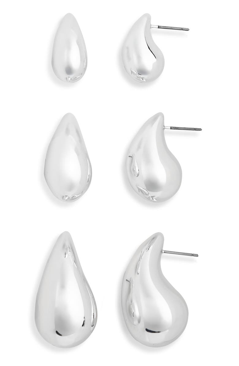 NORDSTROM RACK Set of 3 Teardrop Stud Earrings, Main, color, Silver
