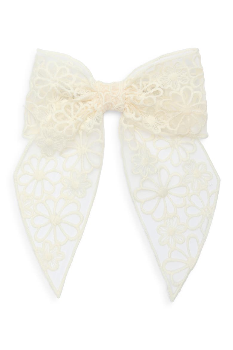 Floral Embroidered Lace Bow Hair Barrette, Main, color, IVORY