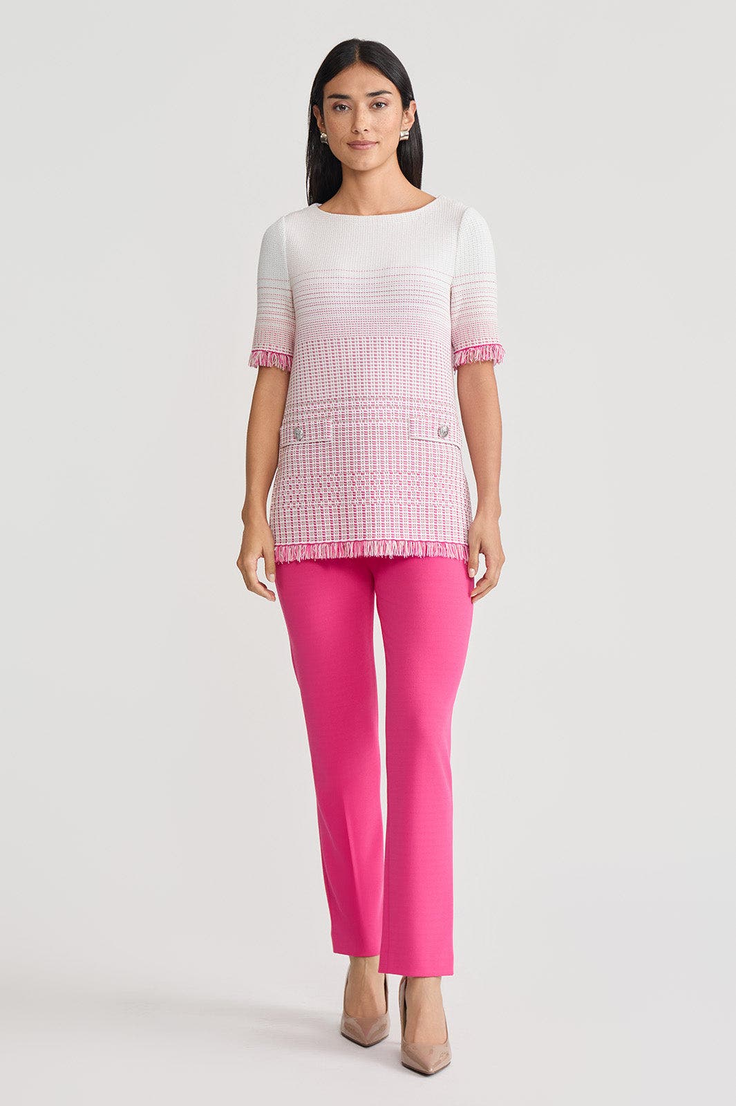 Ombre Fringe Trim Jacquard Knit Tunic