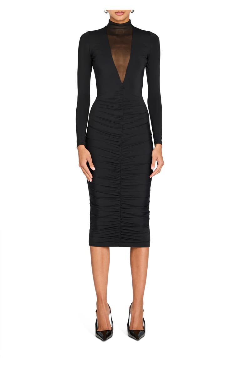 Priyanka Mesh V-Cut Midi Dress, Main, color, Black