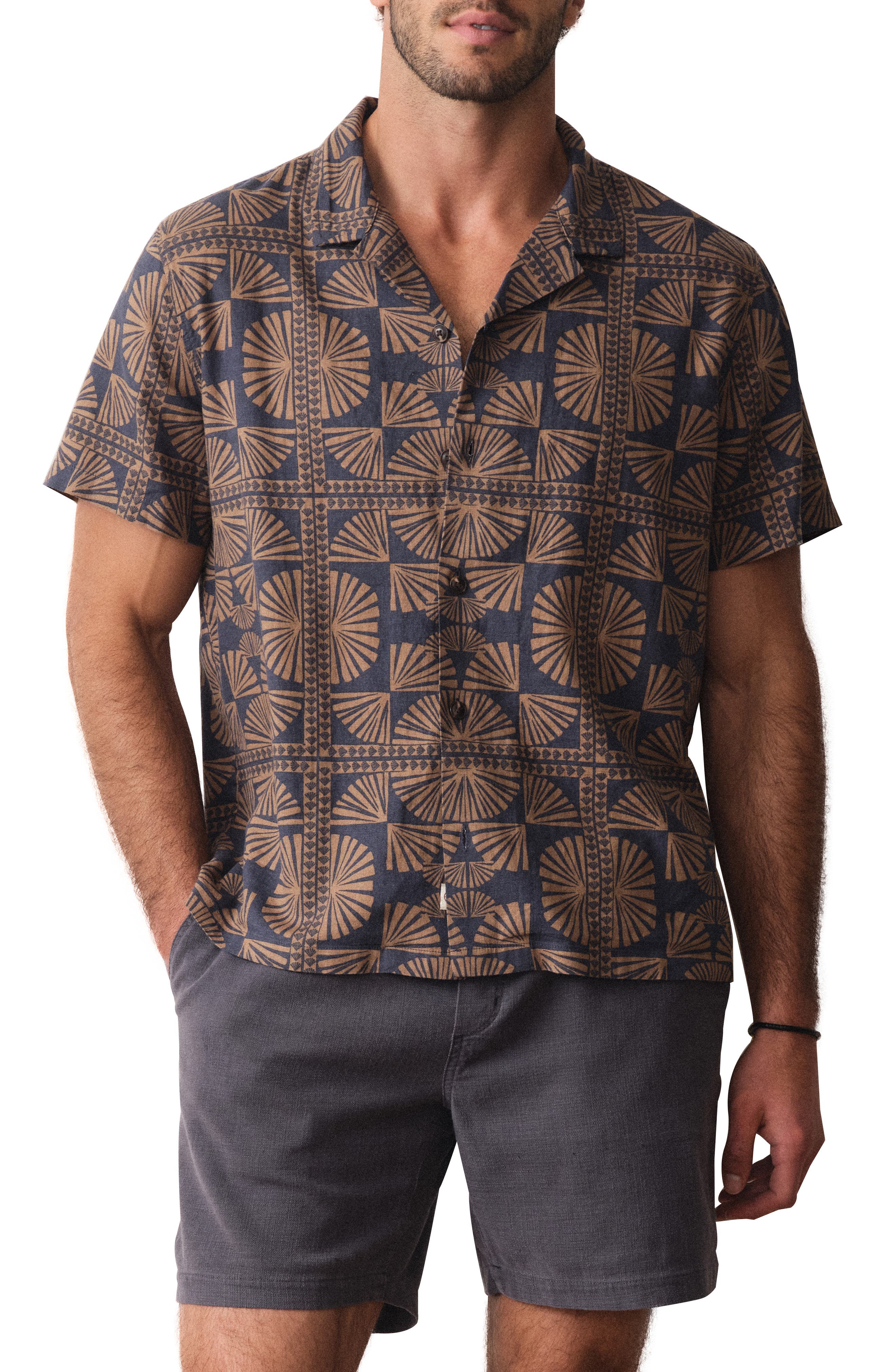 selected BROWN/ NAVY GEO FAN PRINT