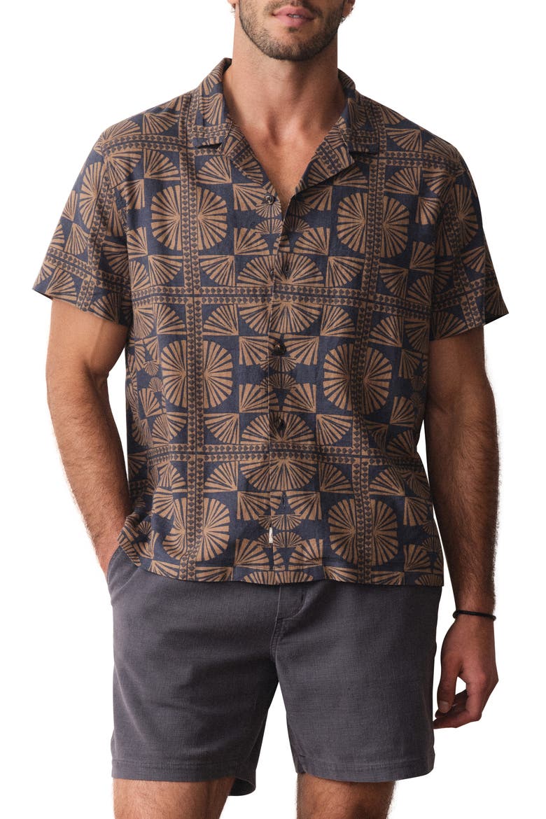 Pablo Geo Print Linen Blend Resort Shirt, Main, color, BROWN/ NAVY GEO FAN PRINT