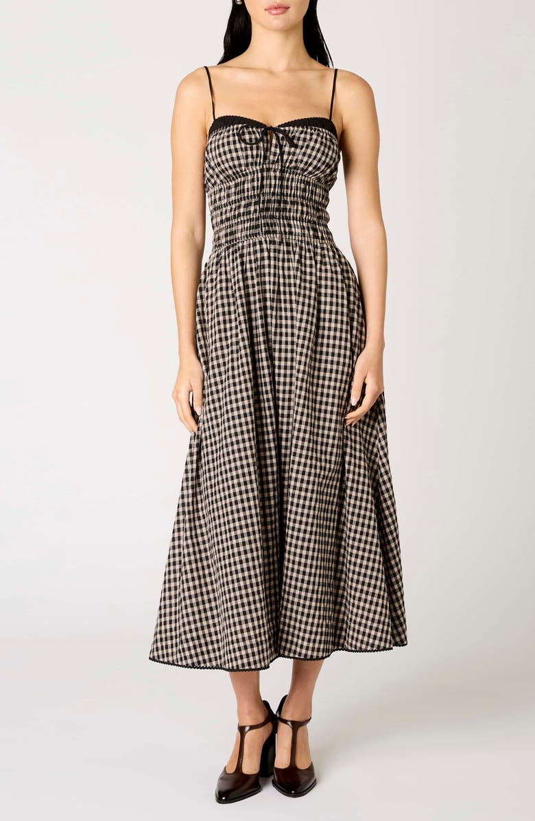 Nia Thomas Gingham Check Cotton Midi Dress, Main, color, Oat