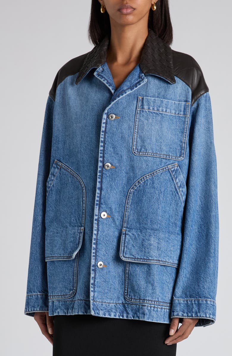 Bottega Veneta Intrecciato Collar Oversize Indigo Denim Jacket, Alternate, color, Mid Blue