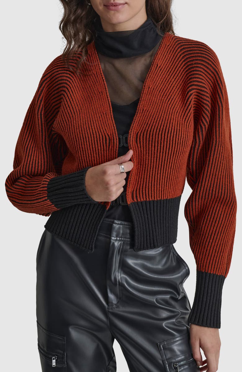 DKNY Contrast Rib Cardigan, Main, color, Russet/ Black