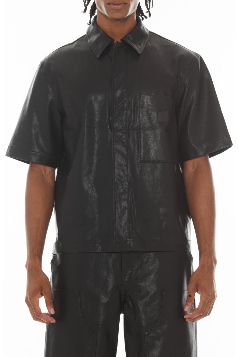 Oversize Short Sleeve Faux Leather Button-Up Shirt, Main, color, BLACK