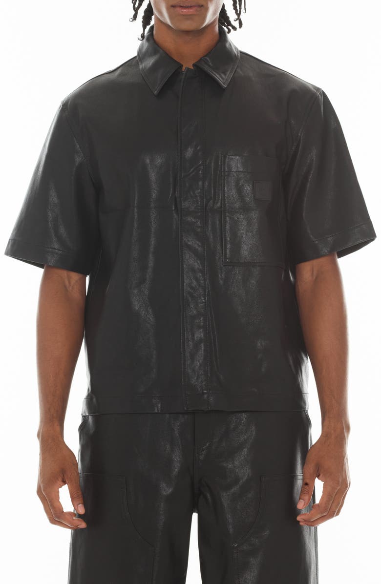 Cult of Individuality Oversize Short Sleeve Faux Leather Button-Up Shirt, Main, color, Black